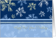 Happy New Year’s Birthday Card - Blue Yellow Fireworks card