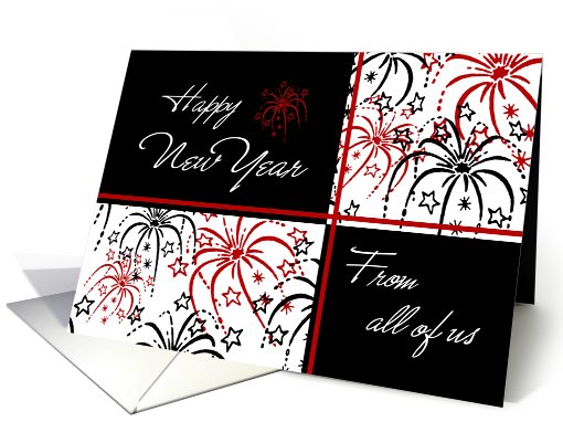 Happy New Year from Group Card - Red Black & White Fireworks card