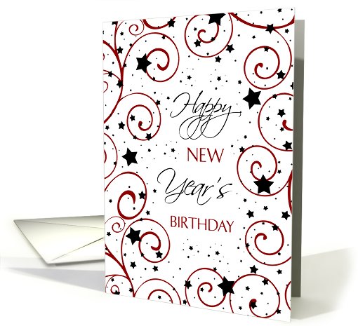 New Year's Happy Birthday Card - Red, Black & White Stars card