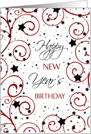 New Year’s Happy Birthday Card - Red, Black & White Stars card