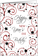 New Year’s Eve Happy Birthday Card - Red, Black & White Stars card