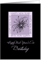 New Year’s Eve Happy Birthday Card - Black & Purple Fireworks card