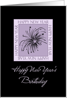 New Year’s Happy Birthday Card - Black & Purple Fireworks card