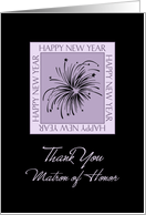 Matron of Honor New Year’s Eve Wedding Thank You Card - Purple & Black Fireworks card