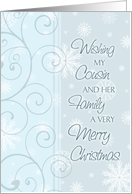 Merry Christmas Cousin & her Family Card - Blue & White Snowflakes card