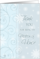 Winter Wedding Matron of Honor Thank You Card - Blue & White Snowflakes card