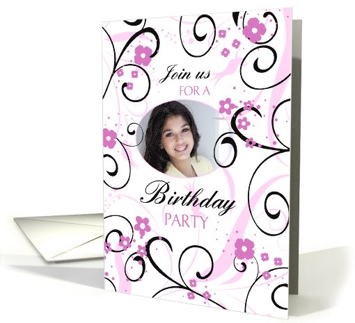 Birthday Party Invitation Photo Card - Pink & Black Swirls card