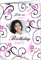 Birthday Party Invitation Photo Card - Pink & Black Swirls card