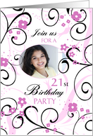21st Birthday Party Invitation Photo Card - Pink & Black Swirls card