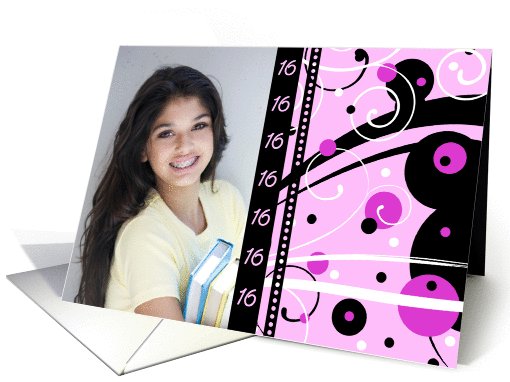 16th Birthday Party Invitation Photo Card - Pink & Black card (729106)