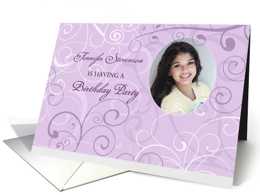 Birthday Party Invitation Photo Card - Purple Swirls card (729363)