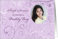 Birthday Party Invitation Photo Card - Purple Swirls card