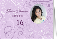 16th Birthday Party Invitation Photo Card - Purple Swirls card