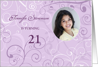 21st Birthday Party Invitation Photo Card - Purple Swirls card