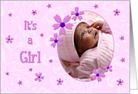 New Baby Girl Announcement Photo Card - Pink Flowers card