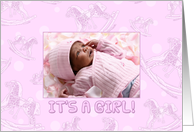 Girl Birth Announcement Photo Card - Pink Rocking Horses card