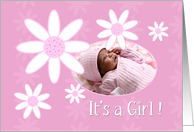 Girl Birth Announcement Photo Card - Pink Flowers card