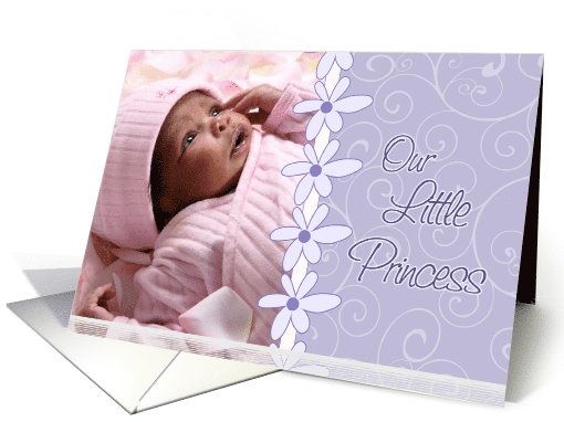 Girl Birth Announcement Photo Card - Lavender Flowers & Swirls card