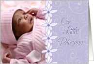 Girl Birth Announcement Photo Card - Lavender Flowers & Swirls card