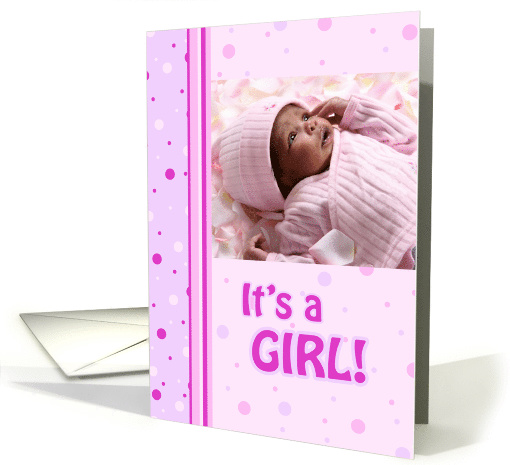 New Baby Girl Announcement Photo Card - Pink Dots card (732089)