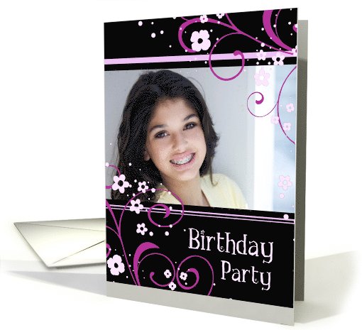 Birthday Party Photo Card - Black and Pink Floral card (732420)