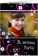 21st Birthday Party Photo Card - Black and Pink Floral card