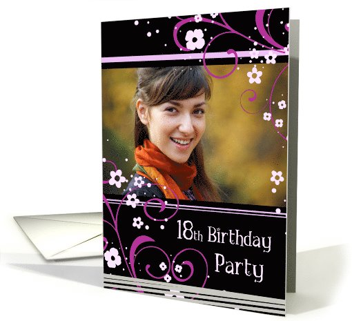 18th Birthday Party Photo Card - Black and Pink Floral card (732443)