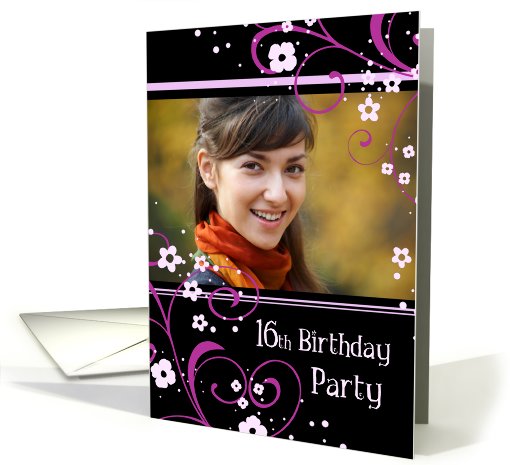 16th Birthday Party Photo Card - Black and Pink Floral card (732444)