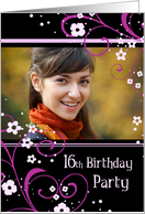 16th Birthday Party Photo Card - Black and Pink Floral card