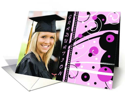 Graduation Party Invitation Photo Card - Black and Pink Swirls card