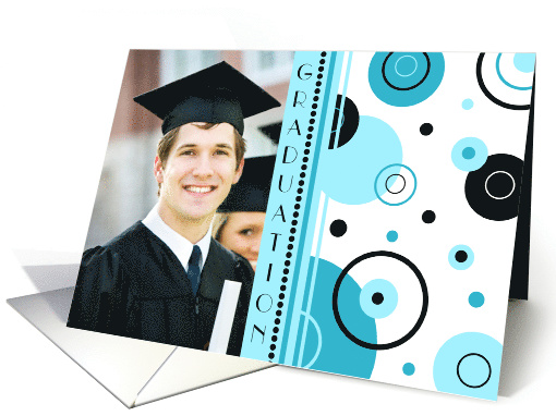 Graduation Announcement Photo Card - Blue & Black Circles card