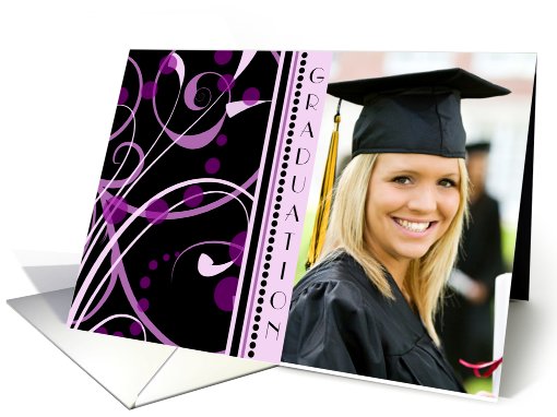 Graduation Party Invitation Photo Card - Purple & Black Swirls card