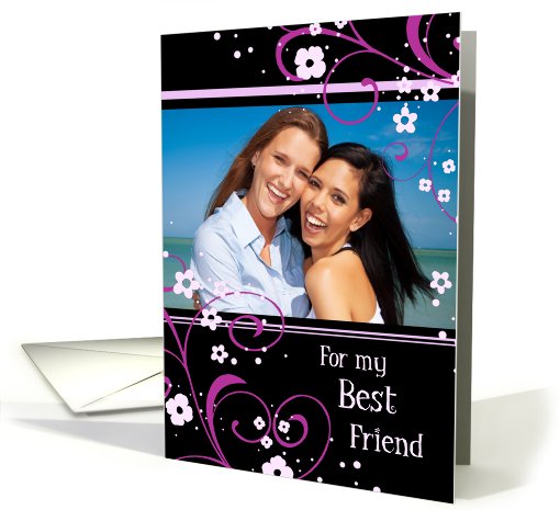 Happy Birthday Best Friend Photo Card - Black and Pink Swirls card