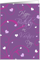 Happy Valentine’s Day Birthday - Purple Hearts & Swirls card