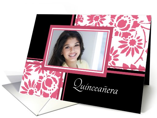 Quinceanera Invitation Photo Card - Pink & Black Floral card (768289)