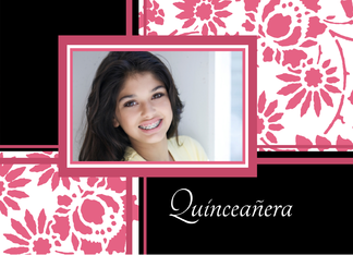 Quinceanera Invitation Photo Card - Pink & Black Floral
