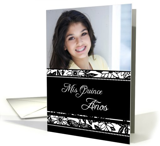 Quinceanera Party Invitation Photo Card - Black & White Floral card