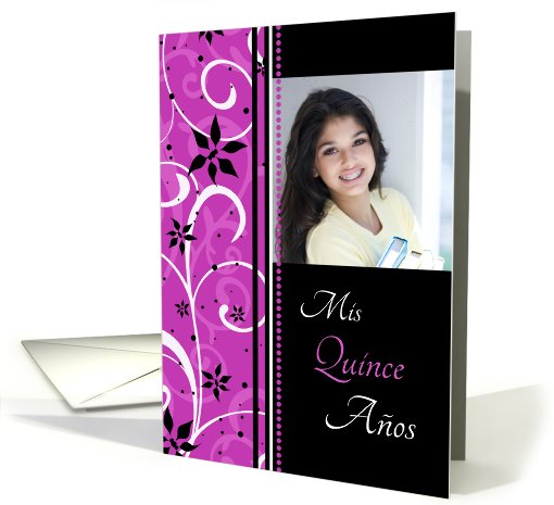 Quinceanera Party Invitation Photo Card - Black & Pink Flowers card