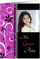 Quinceanera Party Invitation Photo Card - Black & Pink Flowers card