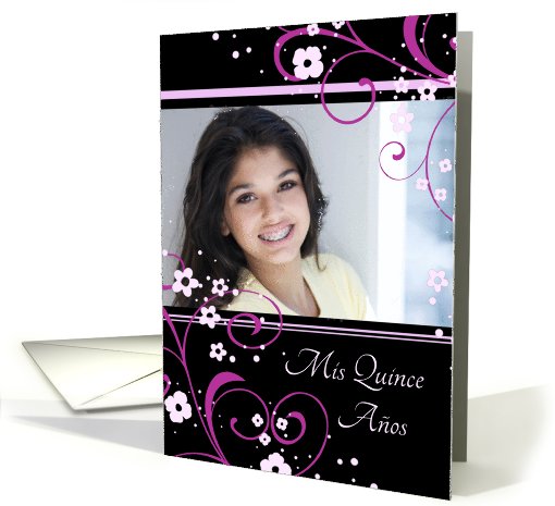 Quinceanera Party Invitation Photo Card - Black & Pink Swirls card