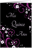 Quinceanera Party Invitation - Black & Pink Flowers & Swirls card