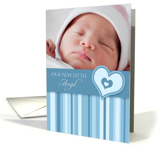 Boy Birth Announcement Photo Card - Blue Hearts & Stripes card