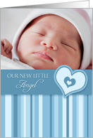 Boy Birth Announcement Photo Card - Blue Hearts & Stripes card