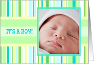 Birth Announcement It’s a Boy Photo Card - Pastel Stripes card