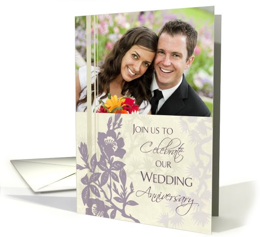 Anniversary Party Invitation Photo Card - Beige and Purple Floral card