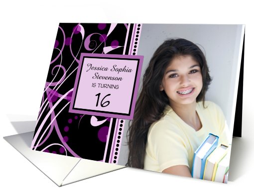 16th Birthday Party Invitation Photo Card - Purple and Black card