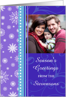 Season’s Greeting Photo Card - Blue and Purple Snowflakes card