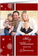 Merry Christmas Photo Card - Red and White Snowflakes card