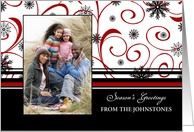 Season’s Greetings Photo Card - Red, Black and White Snowflakes card