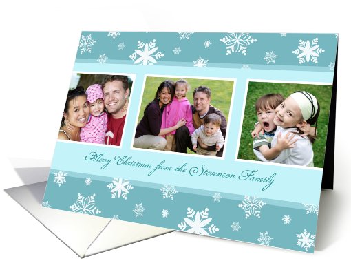 Merry Christmas Custom Name Photo Card - Teal White Snow card (948957)